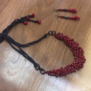 Wine red crocheted necklace Choker and earrings